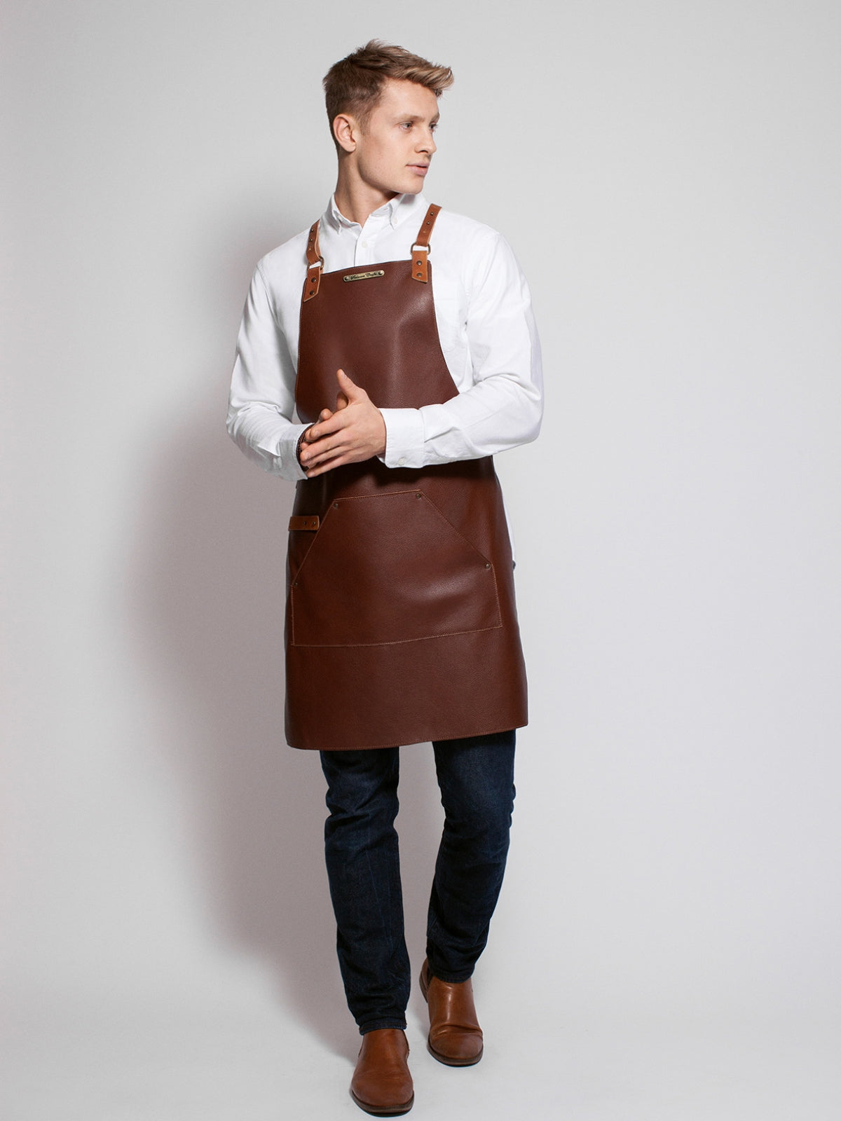 Leather Apron Cross Strap Deluxe Brown by Professional -  ChefsCotton